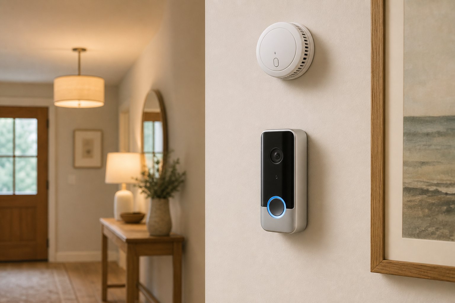 Smart doorbell camera and smoke detector mounted on a hallway wall